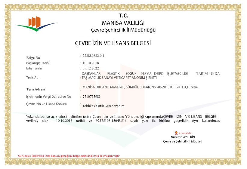 Environmental Permit License Certificate
